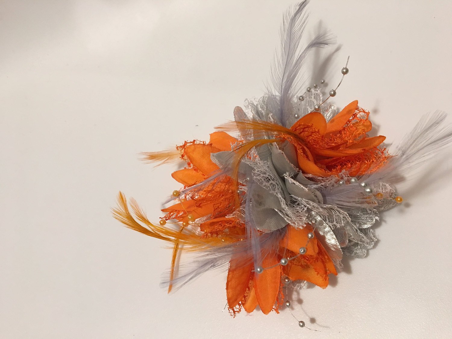 Caprilite Silver and Orange Fascinator Clip Hair Band Flower Corsage