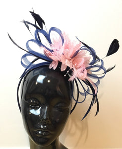 Caprilite Navy Blue Hoop & Baby Pink Feathers Fascinator On Headband
