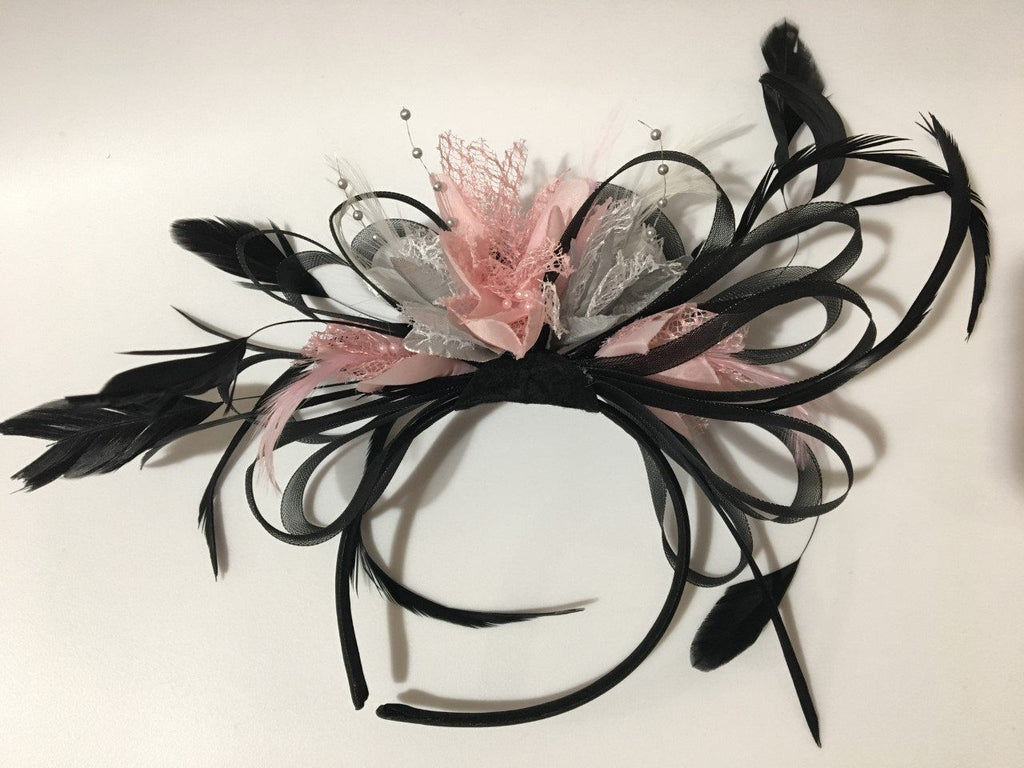 Caprilite Black, Baby Pink and Silver Net Hoop & Feathers Fascinator On Headband