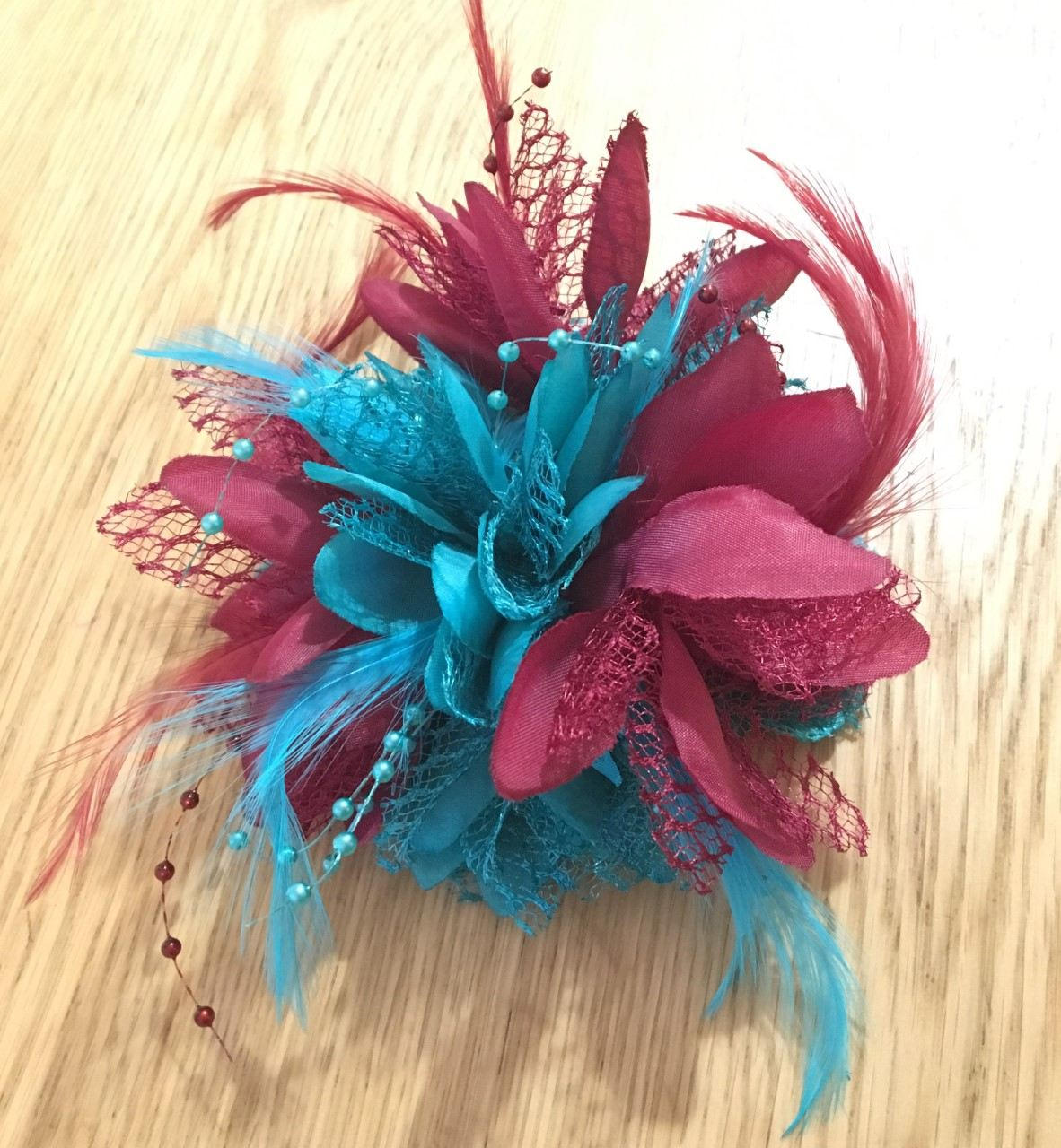 Caprilite Burgundy Wine red and Turquoise Teal Fascinator Black Headband Clip Comb Flower Corsage