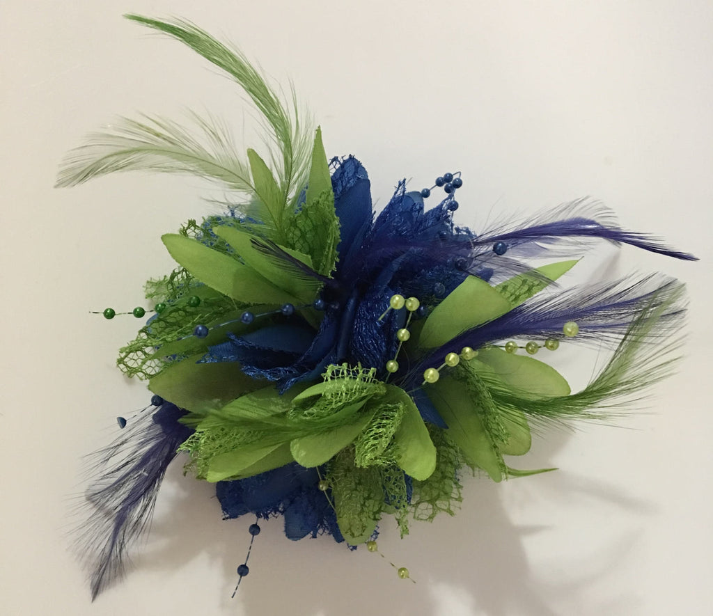 Caprilite Royal Blue and Lime Green Fascinator Headband on Clip Corsage Flower