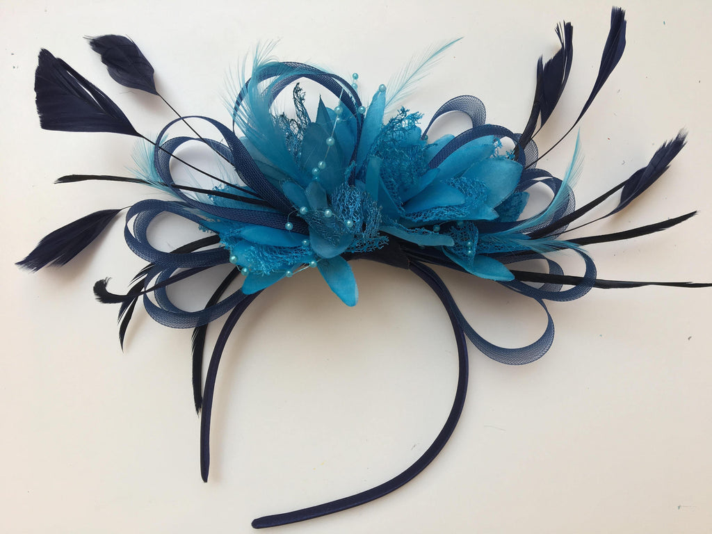 Caprilite Navy Blue Hoop & Aqua Blue Feathers Fascinator Headband Ascot Wedding
