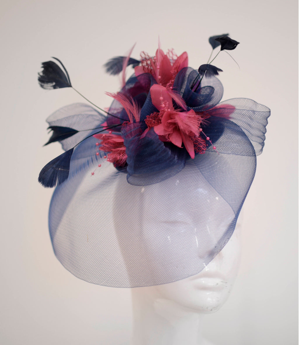 Caprilite Navy and Coral Big Feather Flower Fascinator Hat Veil Net Hair Clip Ascot Derby Races Wedding Headband