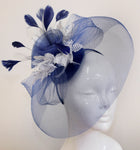 Caprilite Big Navy and Silver Fascinator Hat Veil Net Hair Clip Ascot Derby Races Wedding Headband Feather Flower