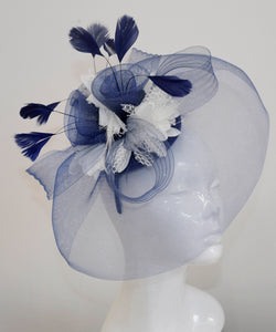 Caprilite Big Navy and White Fascinator Hat Veil Net Hair Clip Ascot Derby Races Wedding Headband Feather Flower