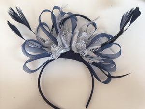 Caprilite Navy Blue Hoop & Silver Feathers Fascinator On Headband