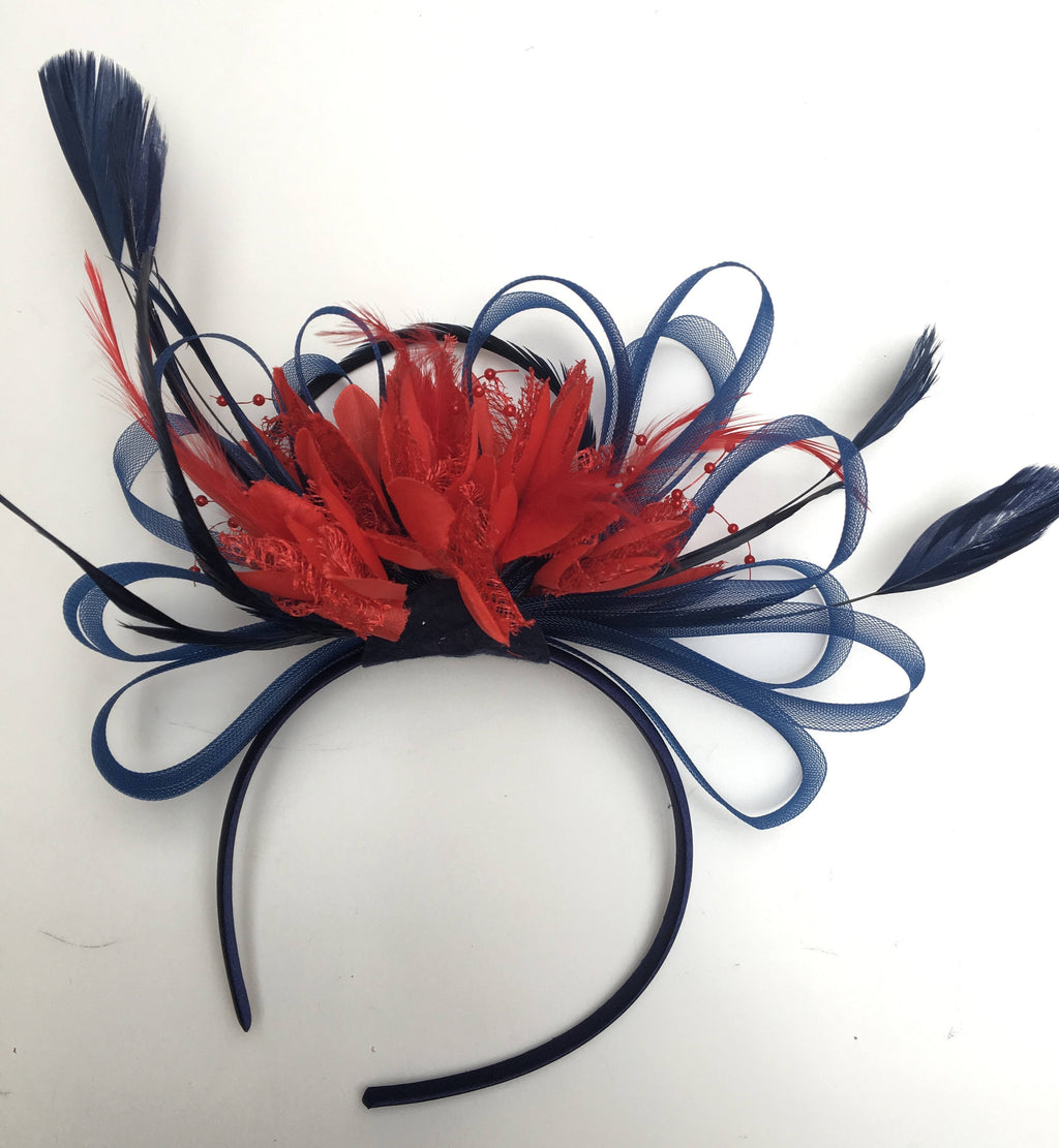Caprilite Navy Blue & Scarlet Red Feathers Fascinator On Headband