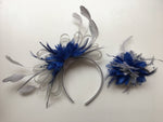 Caprilite Fascinator Headband and Corsage Set - Grey Silver & Royal Blue UK Wedding Ascot Races