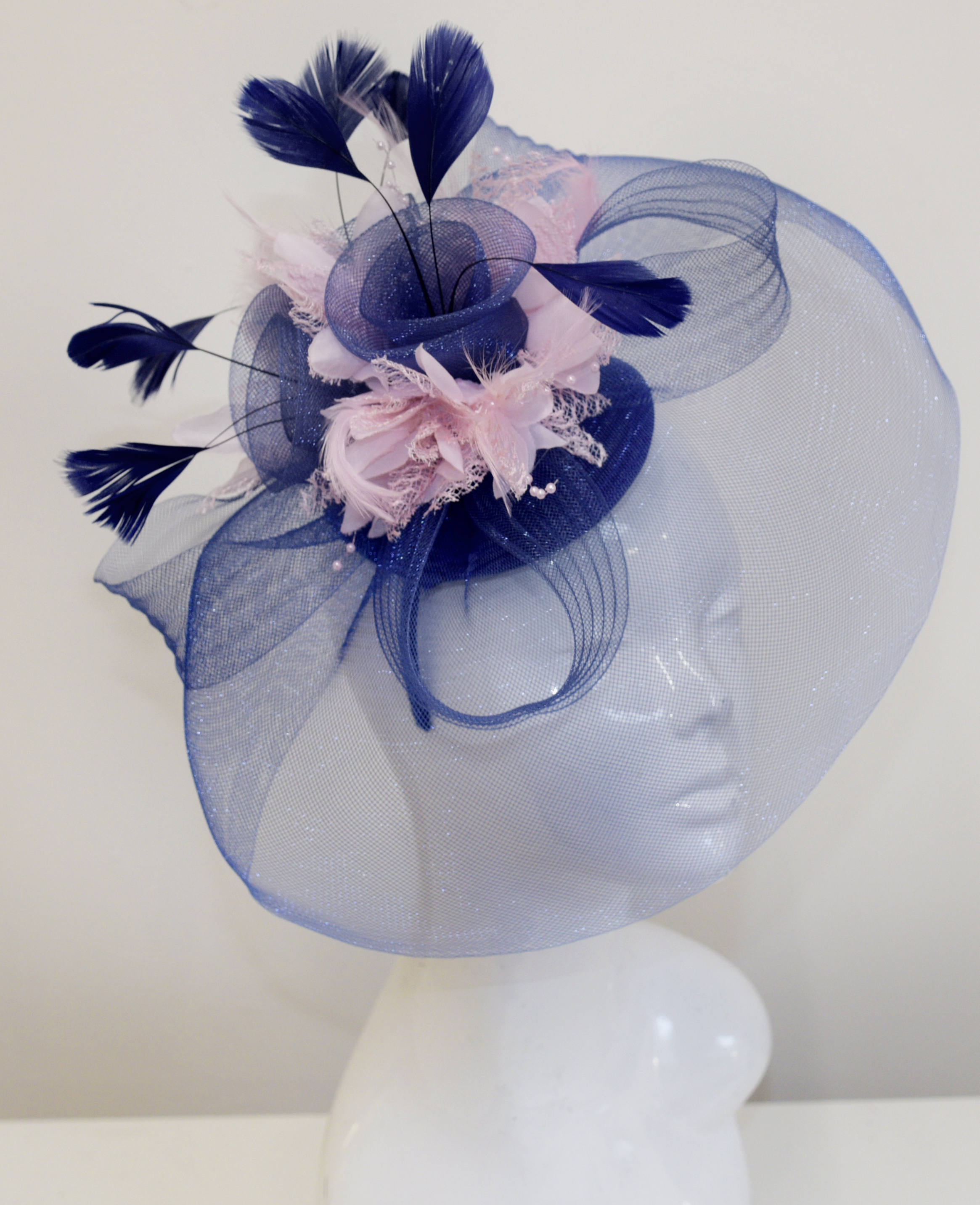 Caprilite Big Navy and Baby Pink Fascinator Hat Veil Net Hair Clip Ascot Derby Races Wedding Headband Feather Flower