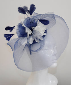 Caprilite Big Navy and Cream Ivory Fascinator Hat Veil Net Hair Clip Ascot Derby Races Wedding Headband Feather Flower