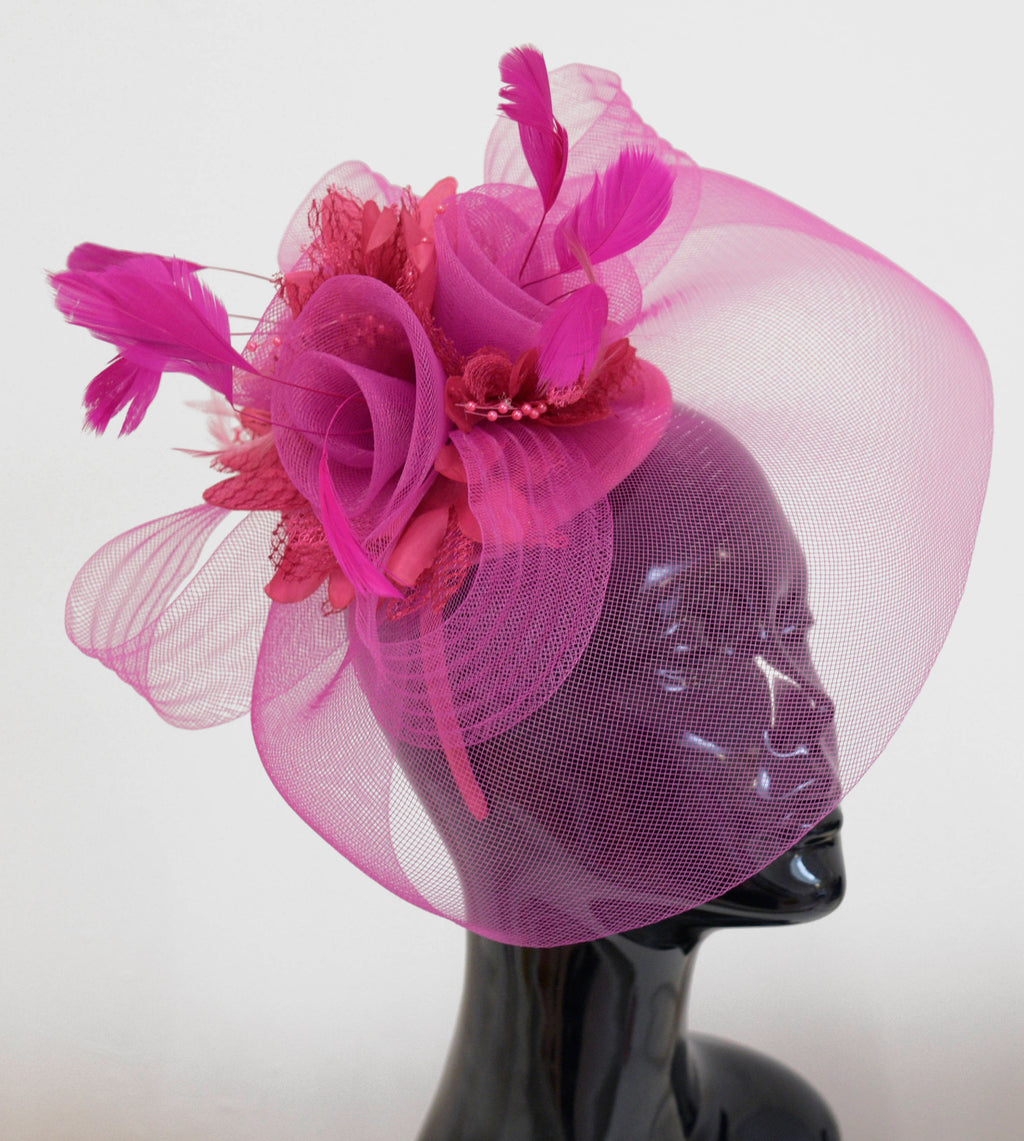 Caprilite Big Fuchsia Hot Pink Fascinator Hat Veil Net Hair Clip Ascot Derby Races Wedding Headband Feather Flower
