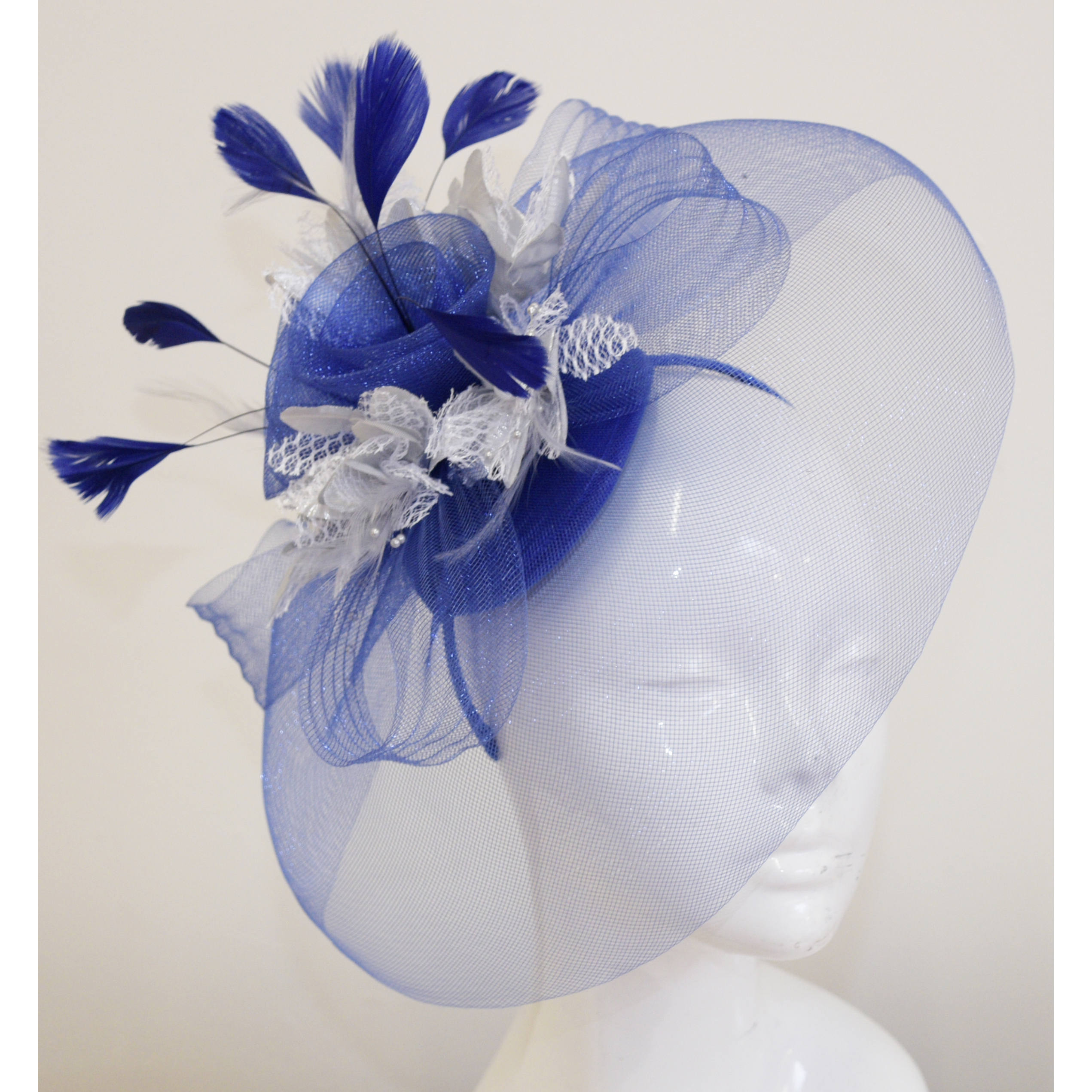 Caprilite Big Royal Blue and Silver Fascinator Hat Veil Net Hair Clip Ascot Derby Races Wedding Headband Feather Flower