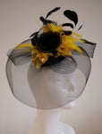 Caprilite Big Black and Gold Fascinator Hat Veil Net Hair Clip Ascot Derby Races Wedding Headband Feather Flower
