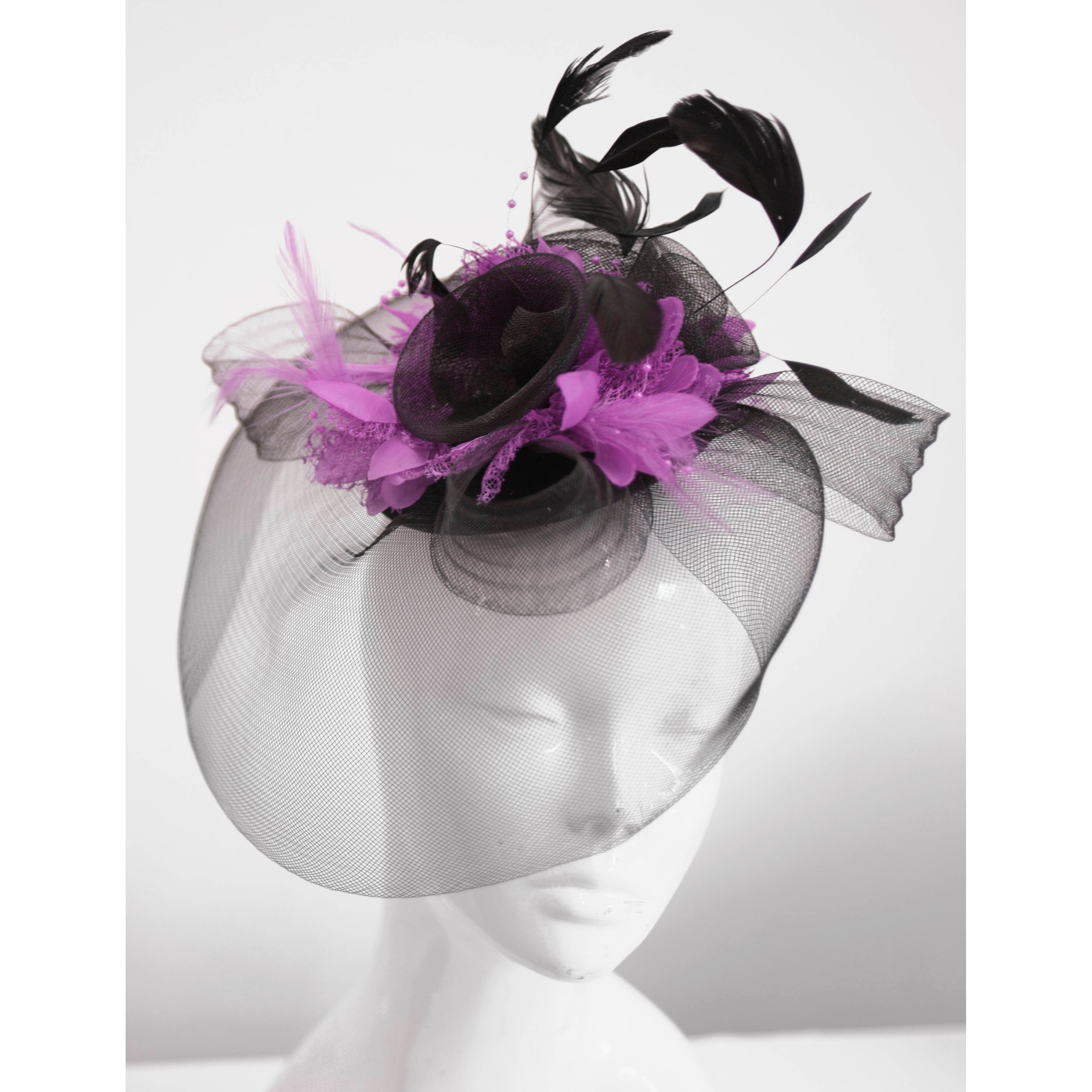 Caprilite Big Black and Lilac Purple Fascinator Hat Veil Net Hair Clip Ascot Derby Races Wedding Headband Feather Flower