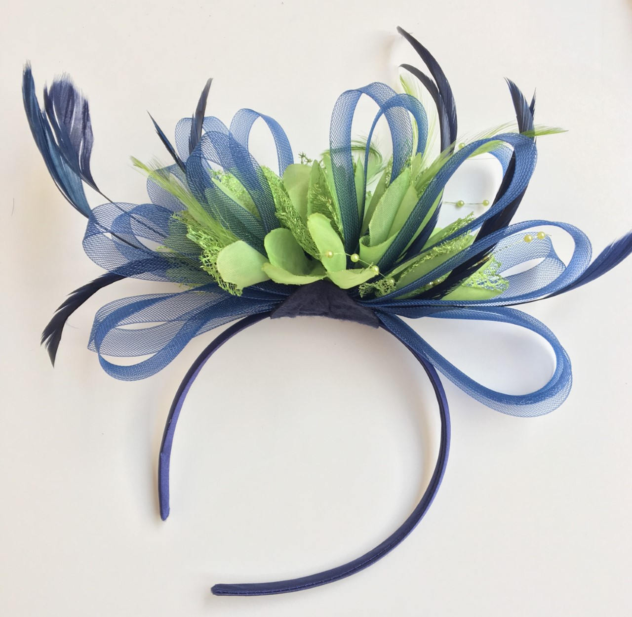 Caprilite Navy Blue & Lime Green Feathers Fascinator On Headband