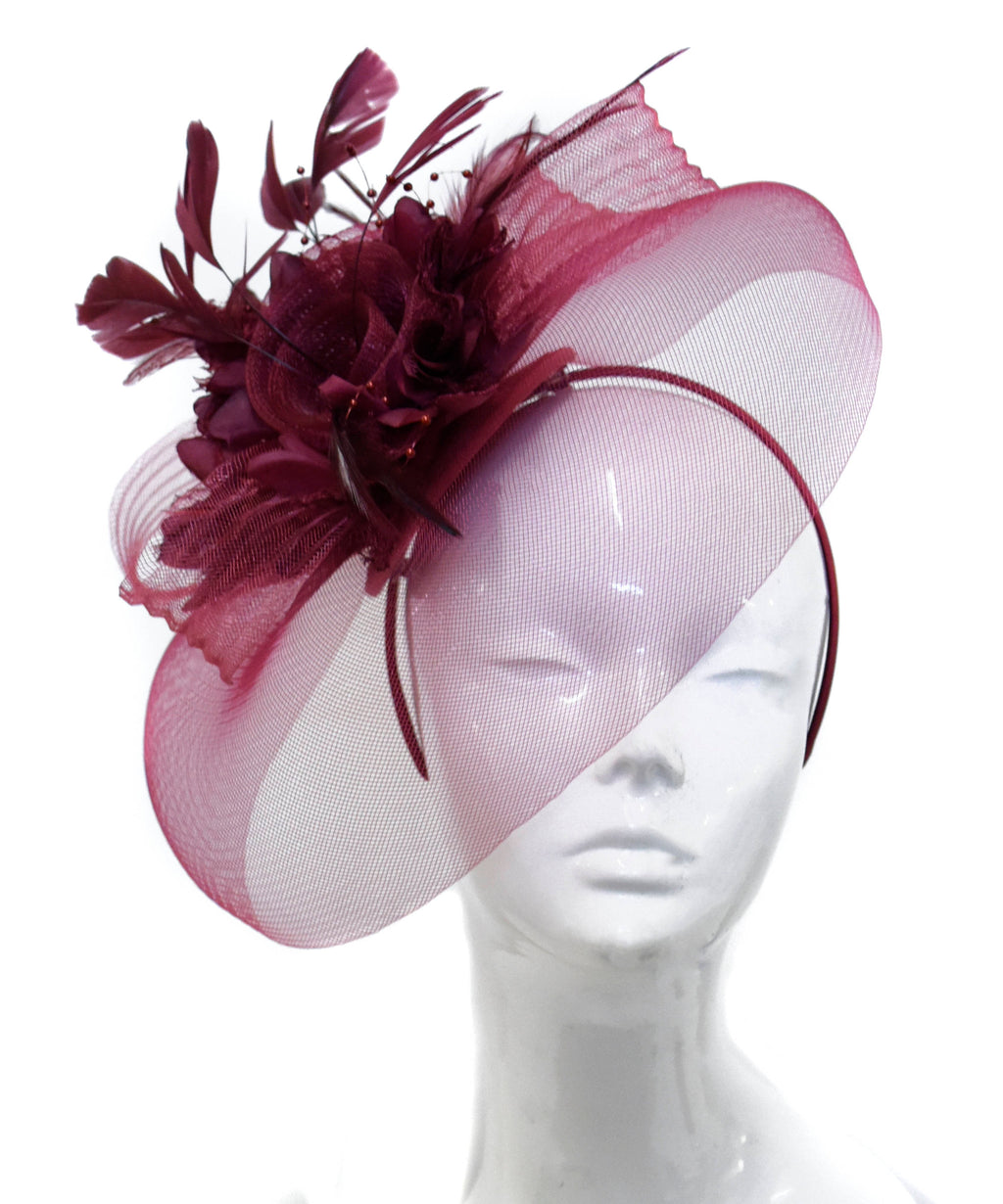 Caprilite Big Burgundy Fascinator Hat Veil Net Hair Clip Ascot Derby Races Wedding Headband Feather Flower