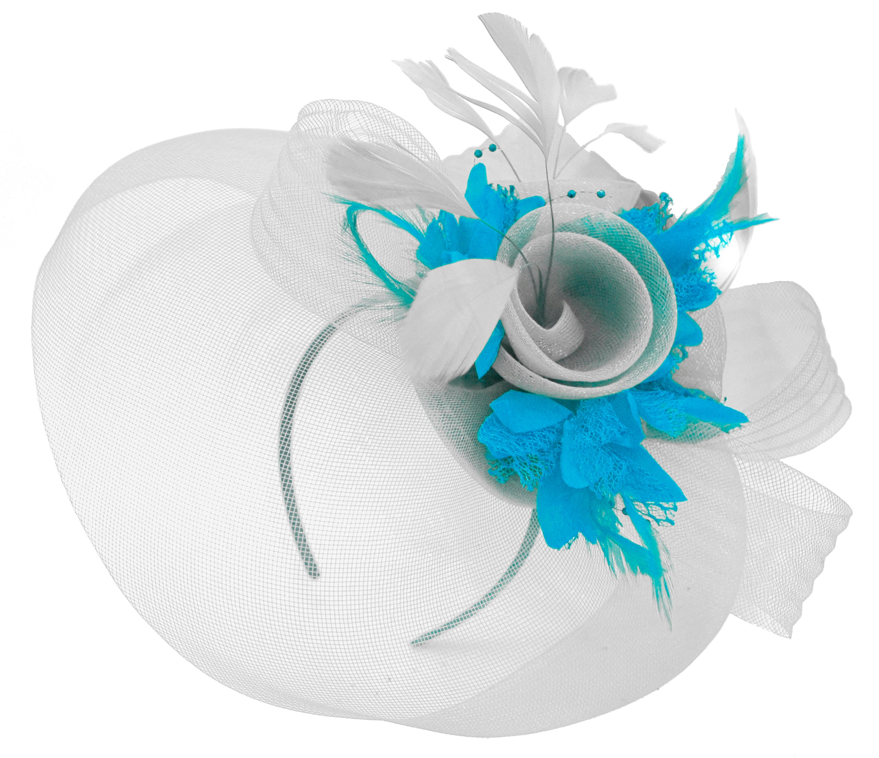 Caprilite Grey Silver and Aqua Fascinator on Headband Veil UK Wedding Ascot Races Hatinator