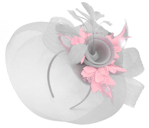 Caprilite Grey Silver and Baby Pink Fascinator on Headband Veil UK Wedding Ascot Races Hatinator