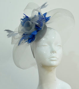 Caprilite Grey Silver and Royal Blue Fascinator on Headband Veil UK Wedding Ascot Races Hatinator