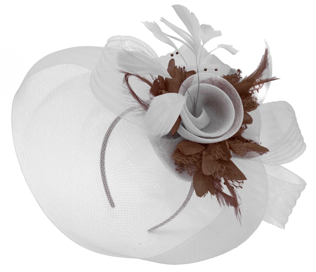 Caprilite Grey Silver and Brown Fascinator on Headband Veil UK Wedding Ascot Races Hatinator