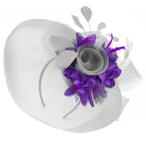 Caprilite Grey Silver and Cadbury Purple Fascinator on Headband Veil UK Wedding Ascot Races Hatinator