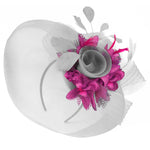 Caprilite Grey Silver and Fuchsia Hot Pink Fascinator on Headband Veil UK Wedding Ascot Races Hatinator