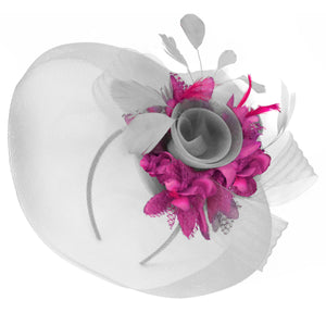 Caprilite Grey Silver and Fuchsia Hot Pink Fascinator on Headband Veil UK Wedding Ascot Races Hatinator
