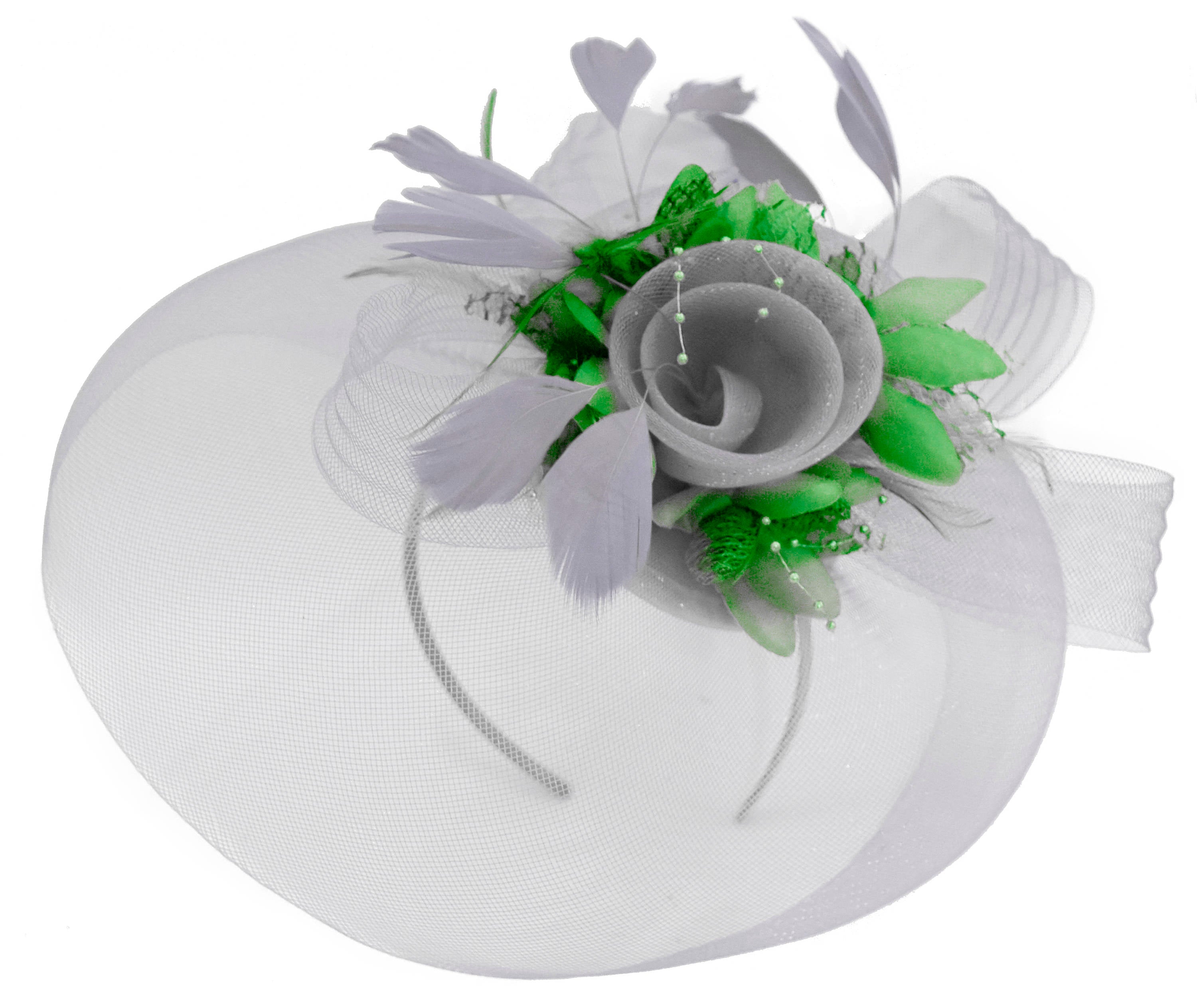 Caprilite Grey Silver and Grass Green Fascinator on Headband Veil UK Wedding Ascot Races Hatinator