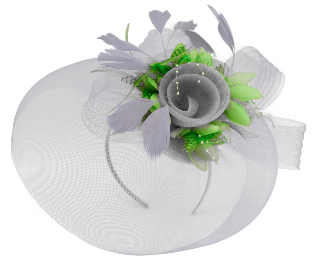 Caprilite Grey Silver and Lime Green Fascinator on Headband Veil UK Wedding Ascot Races Hatinator