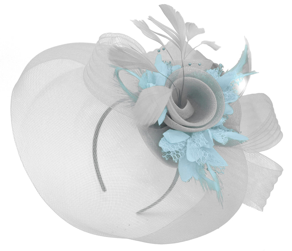 Caprilite Grey Silver and Light / Baby Blue Fascinator on Headband Veil UK Wedding Ascot Races Hatinator