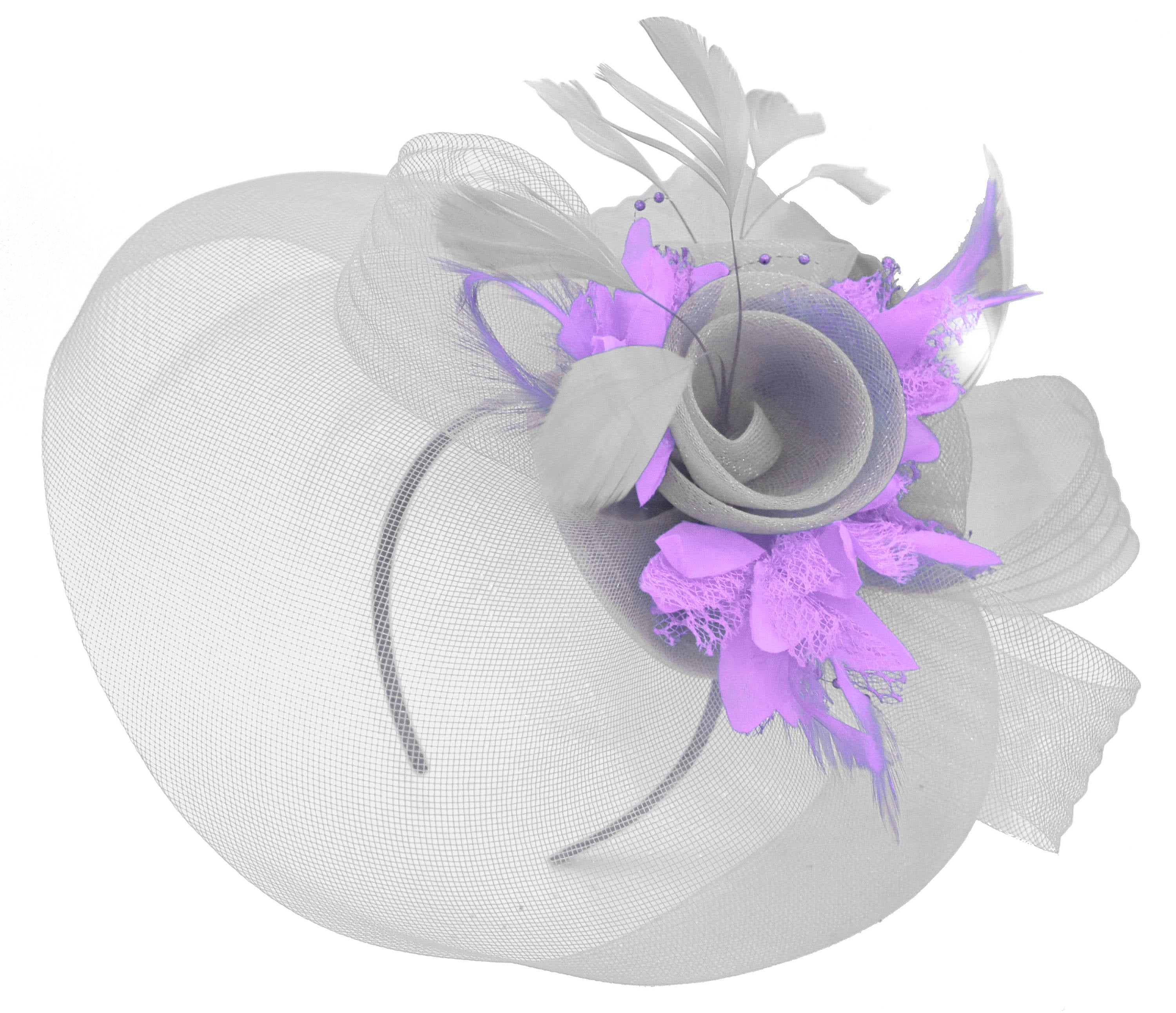 Caprilite Grey Silver and Lilac Purple Fascinator on Headband Veil UK Wedding Ascot Races Hatinator