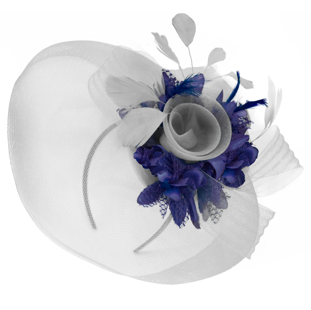 Caprilite Grey Silver and Navy Blue Fascinator on Headband Veil UK Wedding Ascot Races Hatinator