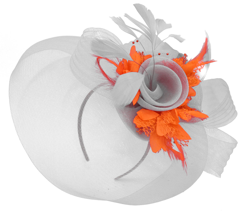 Caprilite Grey Silver and Orange Fascinator on Headband Veil UK Wedding Ascot Races Hatinator