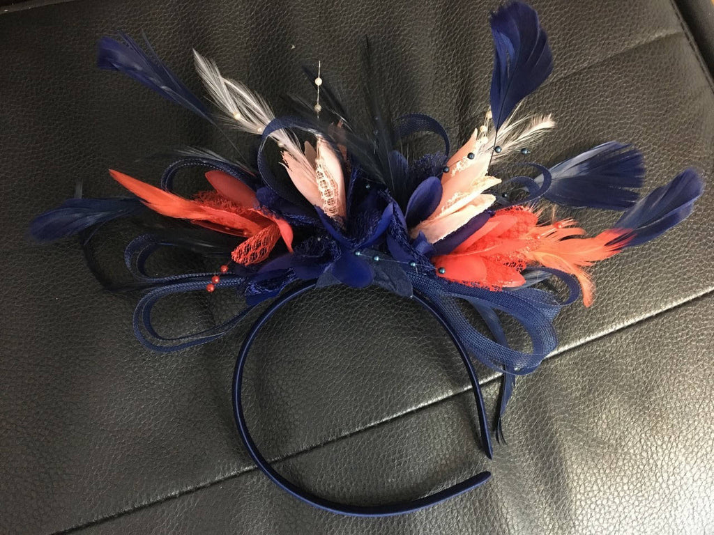 Caprilite Navy, Coral and Peach Pink Fascinator on Headband Alice Band UK Wedding Ascot Races Derby