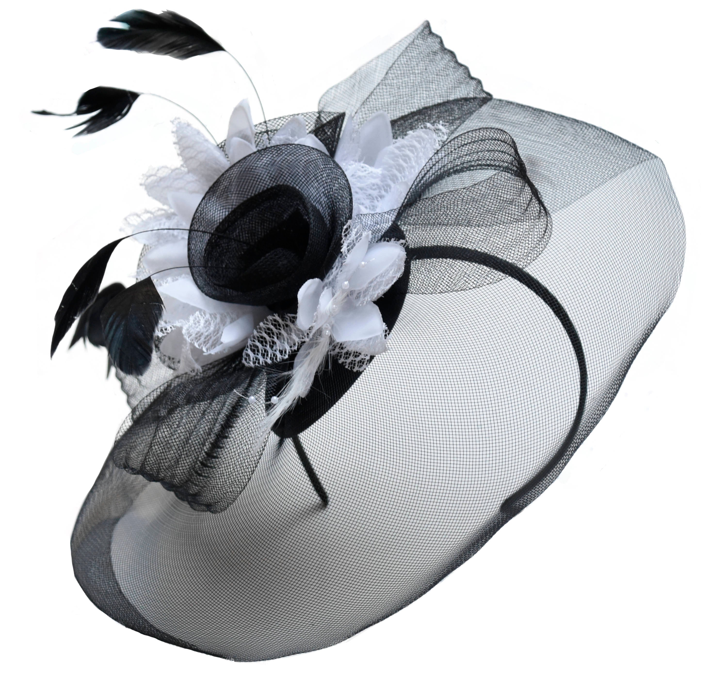 Caprilite Big Black and White Fascinator Hat Veil Net Hair Clip Ascot Derby Races Wedding Headband Feather Flower