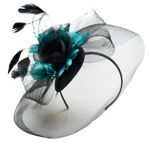 Caprilite Big Black and Turquoise Fascinator Hat Veil Net Hair Clip Ascot Derby Races Wedding Headband Feather Flower