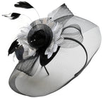 Caprilite Big Black and Silver Fascinator Hat Veil Net Hair Clip Ascot Derby Races Wedding Headband Feather Flower