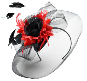 Caprilite Big Black and Red Fascinator Hat Veil Net Hair Clip Ascot Derby Races Wedding Headband Feather Flower