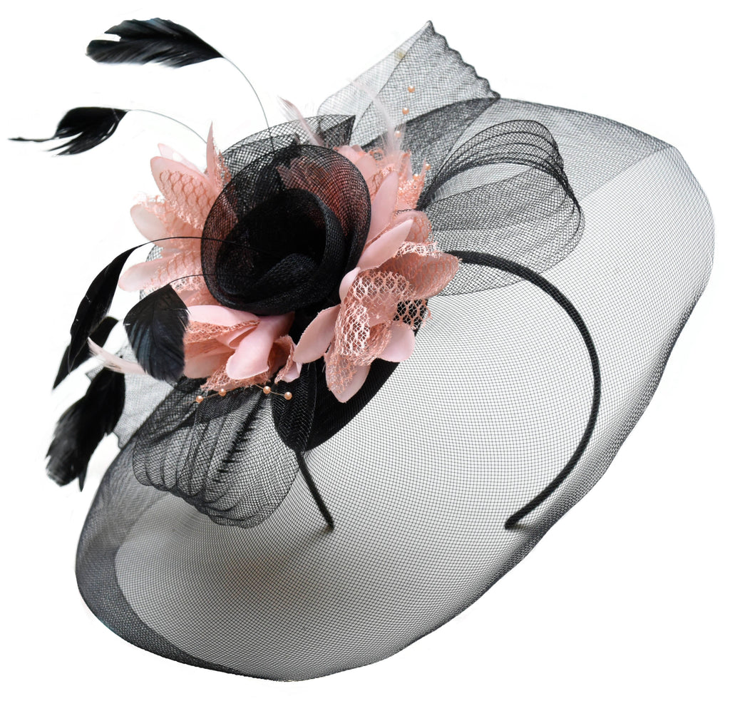 Caprilite Big Black and Peach Nude Fascinator Hat Veil Net Hair Clip Ascot Derby Races Wedding Headband Feather Flower