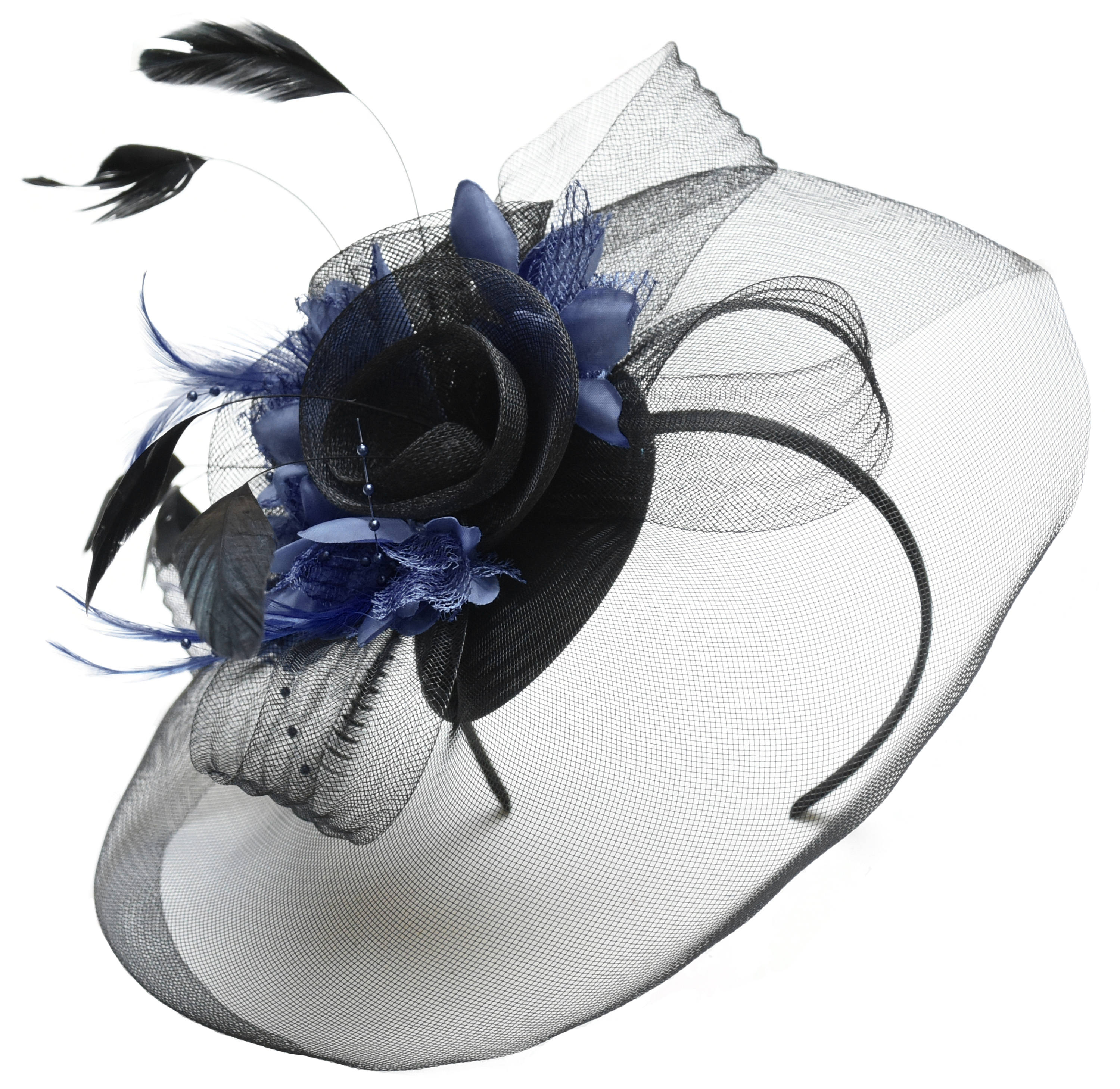 Caprilite Big Black and Navy Fascinator Hat Veil Net Hair Clip Ascot Derby Races Wedding Headband Feather Flower