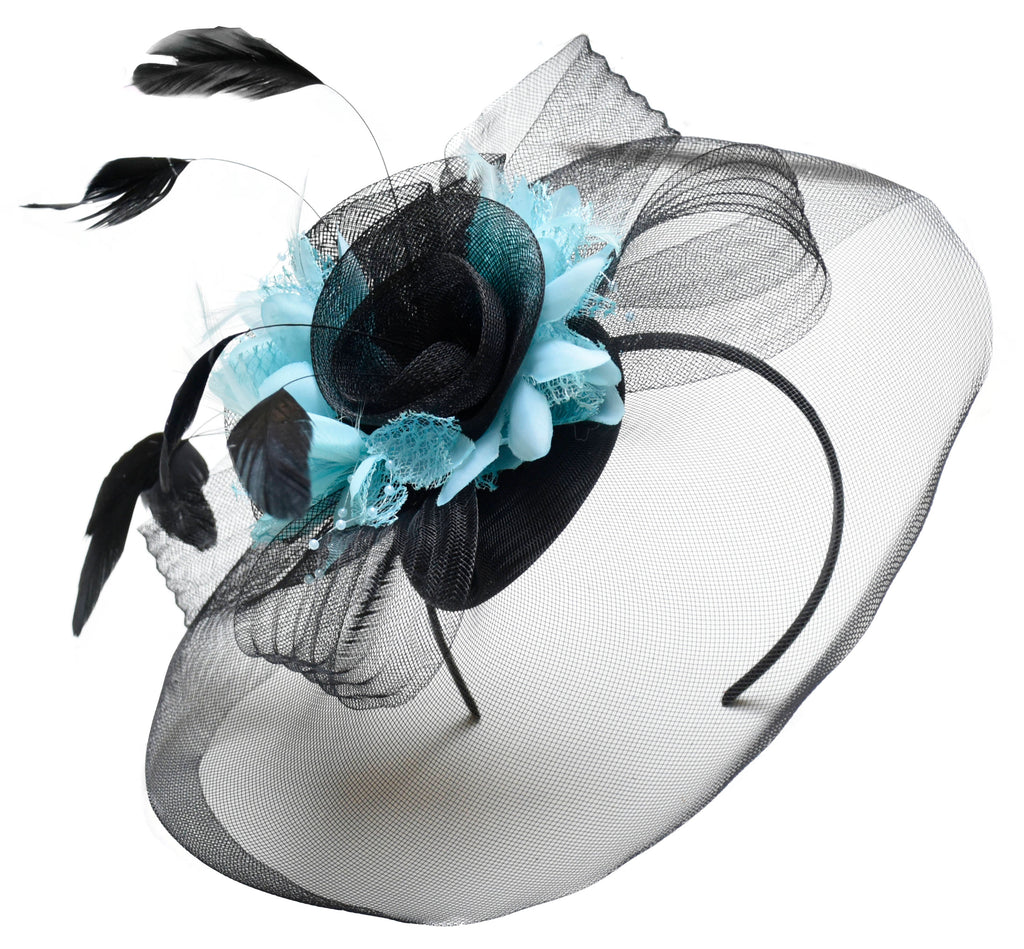 Caprilite Big Black and Baby Blue Fascinator Hat Veil Net Hair Clip Ascot Derby Races Wedding Headband Feather Flower