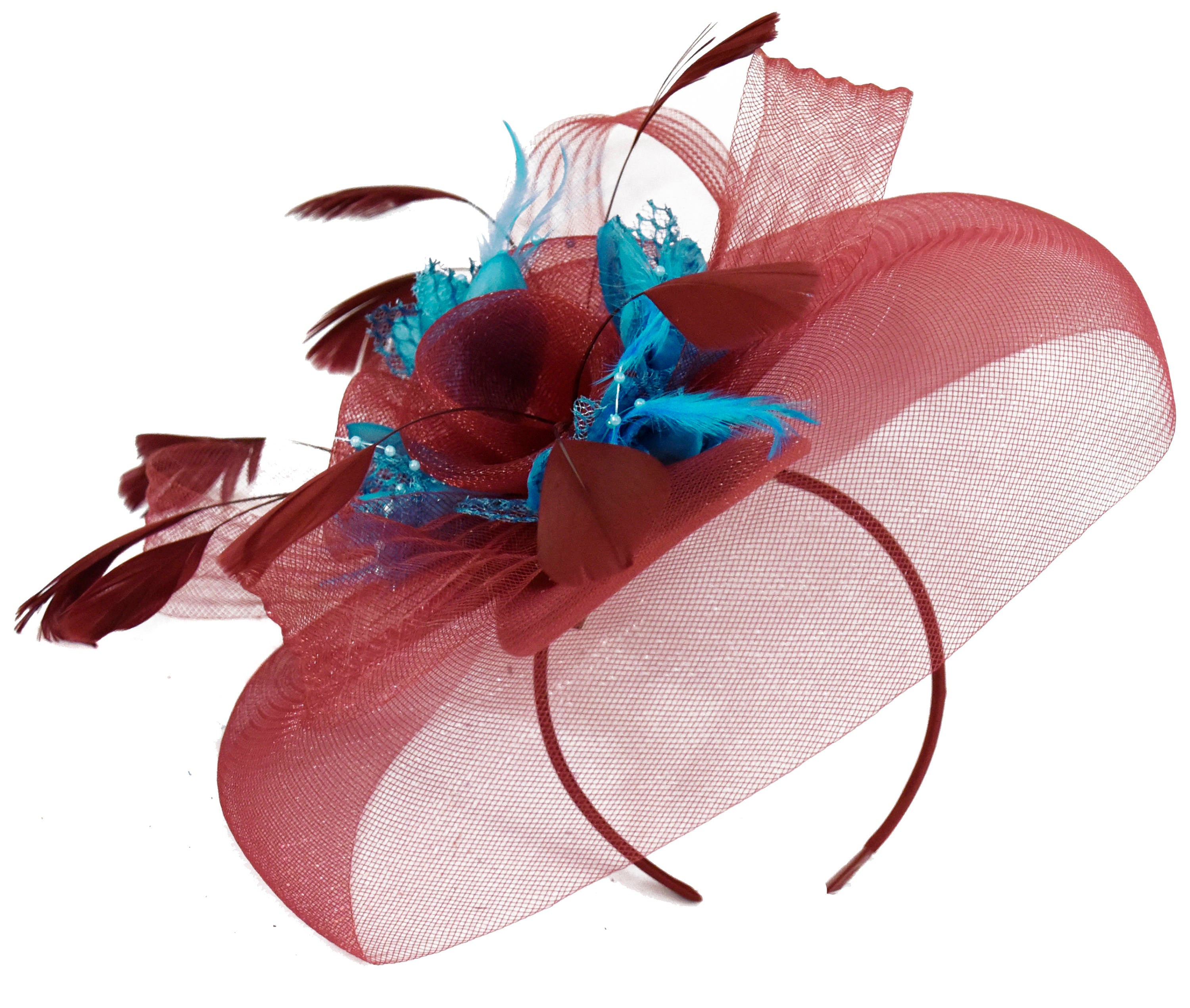 Caprilite Big Burgundy AquaFascinator Hat Veil Net Hair Clip Ascot Derby Races Wedding Headband Feather Flower