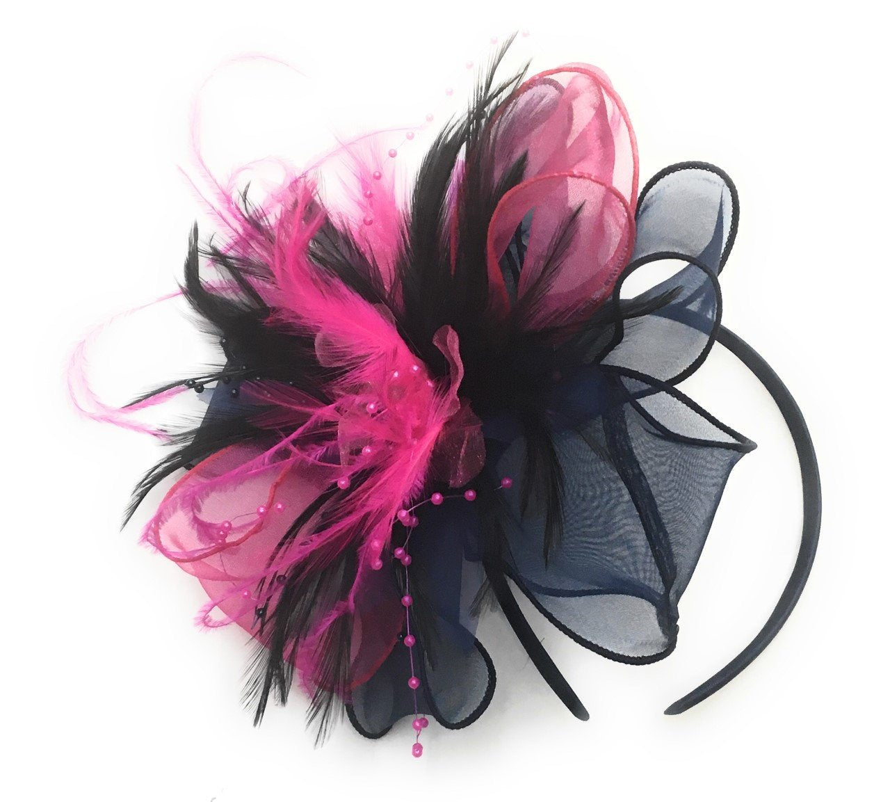 Caprilite Navy, Black and Fuchsia Pink Chiffon Feathers Fascinator Headband Ascot Wedding