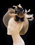 Caprilite Beige Camel and Black Fascinator Hat Veil Net Hair Clip Ascot Derby Races Wedding Headband Feather Flower