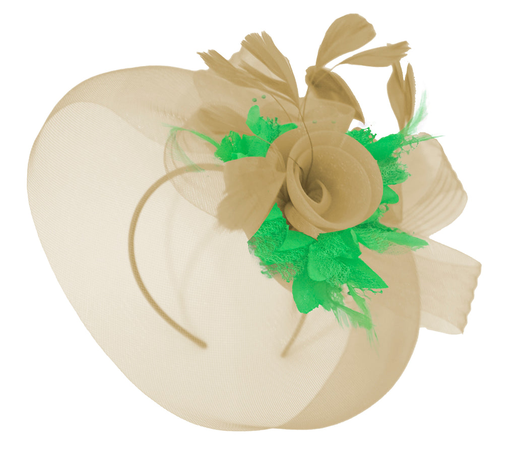 Caprilite Beige Camel and Grass Green Fascinator Hat Veil Net Hair Clip Ascot Derby Races Wedding Headband Feather Flower