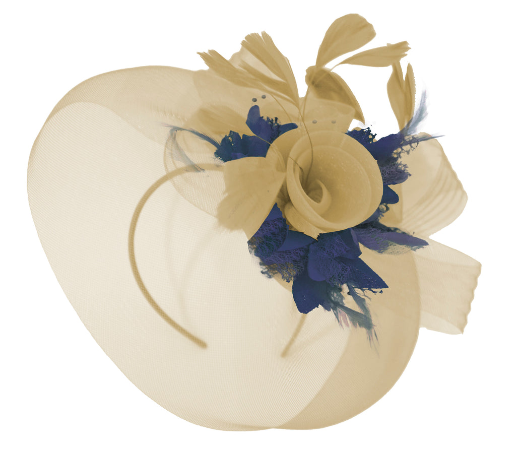 Caprilite Beige Camel and Navy Fascinator Hat Veil Net Hair Clip Ascot Derby Races Wedding Headband Feather Flower