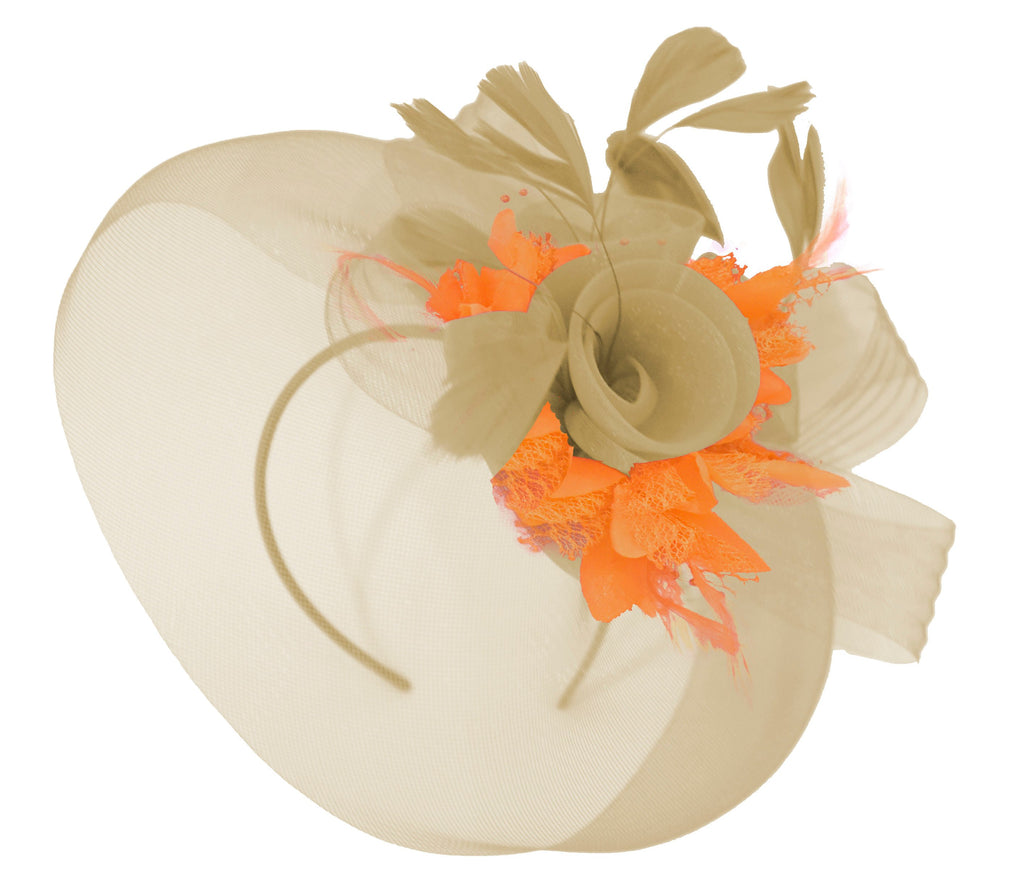 Caprilite Beige Camel and Orange Fascinator Hat Veil Net Hair Clip Ascot Derby Races Wedding Headband Feather Flower