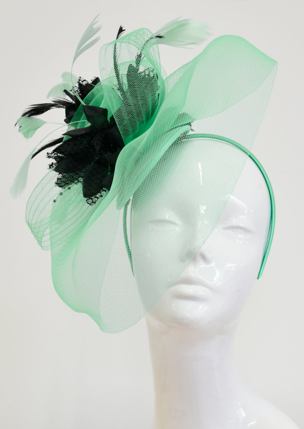 Caprilite Big Mint Green and Black Fascinator Hat Veil Net Ascot Derby Races Wedding Headband Feather