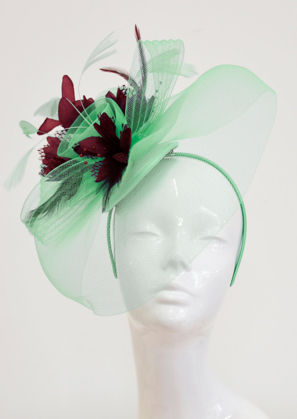 Caprilite Big Mint Green and Burgundy Fascinator Hat Veil Net Ascot Derby Races Wedding Headband Feather