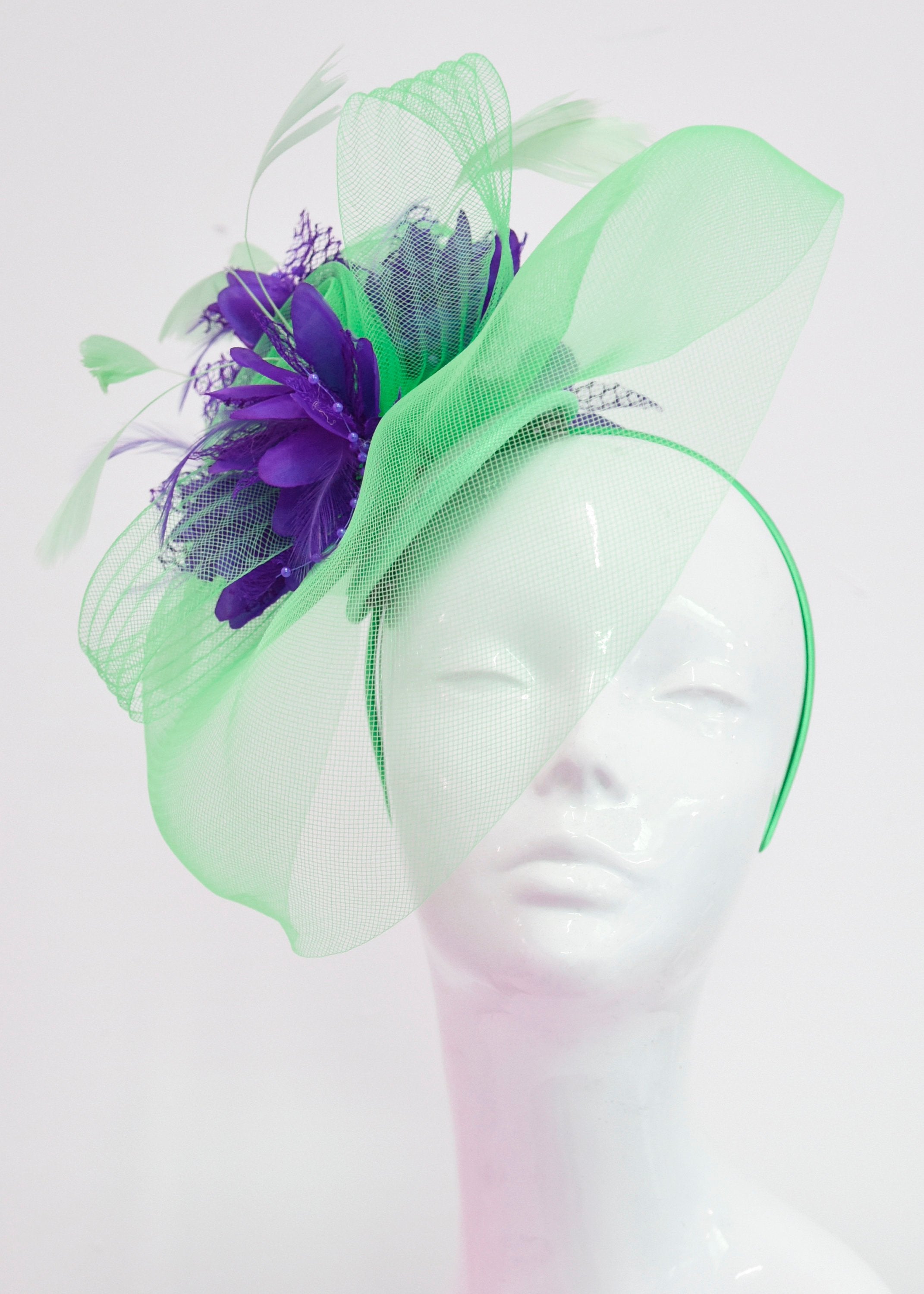 Caprilite Big Mint Green and Cadbury Purple Fascinator Hat Veil Net Ascot Derby Races Wedding Headband Feather